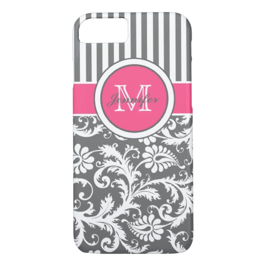 Monogramm Pink, grau, Streifen Damaske Case-Mate iPhone Hülle (Rückseite)