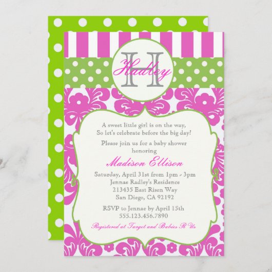 Monogramm-Pink-Grün-Babyparty-Einladung Einladung (Vorne/Hinten)