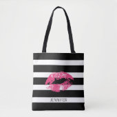 Monogramm Pink Lippen und Schwarz-weiße Streifen Tasche (Vorderseite)