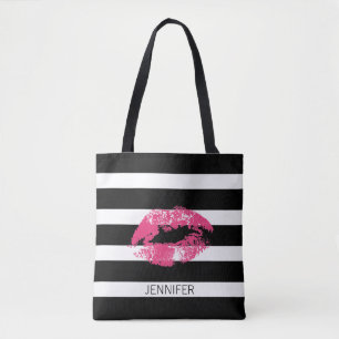 Monogramm Pink Lippen und Schwarz-weiße Streifen Tasche