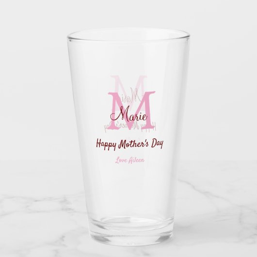 Monogramm Pink-Name der Mutter am Tag Glas (Vorderseite)