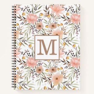 Monogramm Pink Peach Olive Brown Floral Muster Notizblock