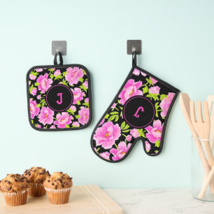 Monogramm Pink Peony Floral Ofenhandschuh & Topflappen-Set