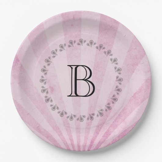 Monogramm Pink Sunray Shabby Textur Pappteller (Vorderseite)