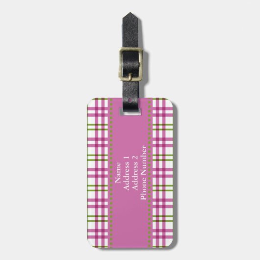 Monogramm Pink und grünes Tartan-Muster Gepäckanhänger (Vorderseite vertikal)