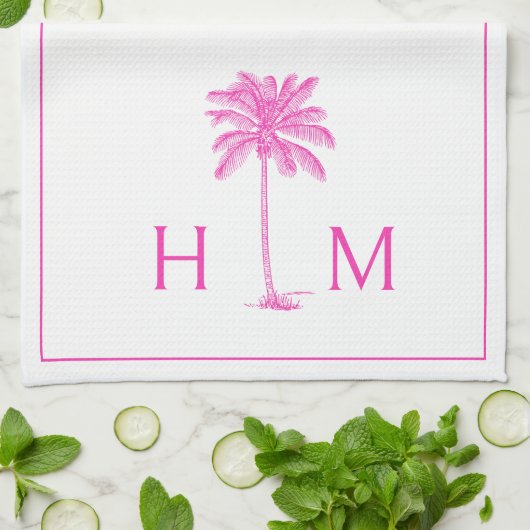 Monogramm PInk und White Palm Palmetto Tree Geschirrtuch (Gefaltet)