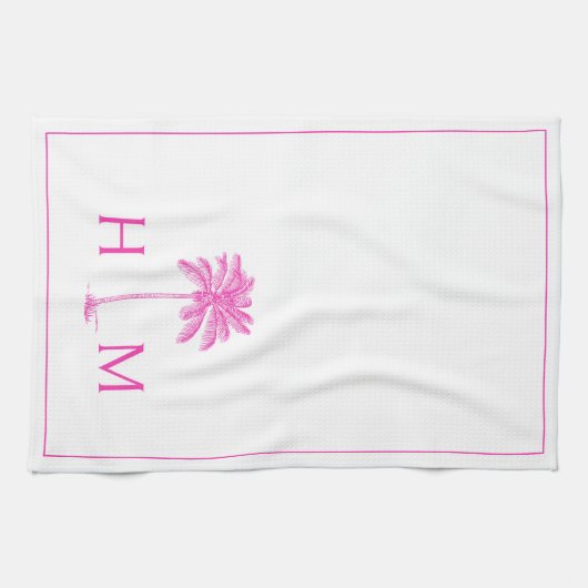 Monogramm PInk und White Palm Palmetto Tree Geschirrtuch (Horizontal)