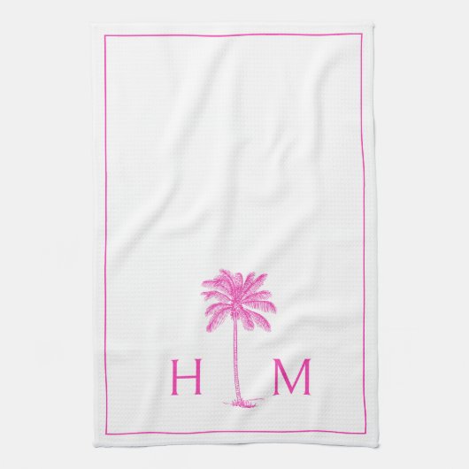 Monogramm PInk und White Palm Palmetto Tree Geschirrtuch (Vertikal)