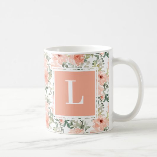 Monogramm Pink Vintag Floral Rose Kaffeetasse (Rechts)