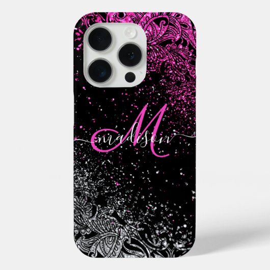 Monogramm Pink/Weiß-Glitzer Case-Mate iPhone Hülle (Rückseite)