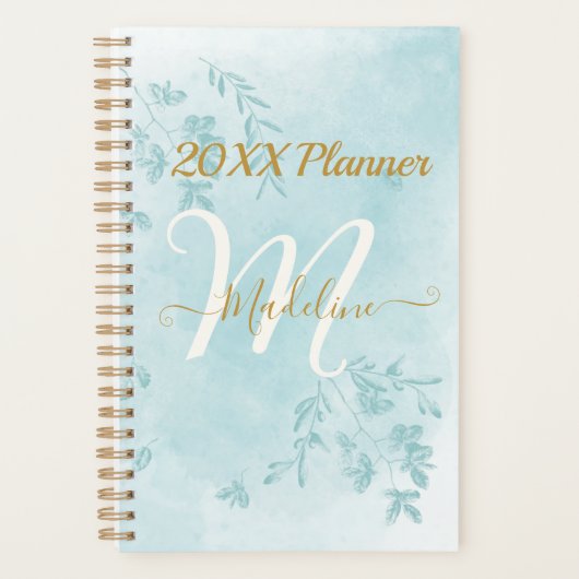 Monogramm-Planer für Aquarellblau-Blätter Planer (Vorderseite)
