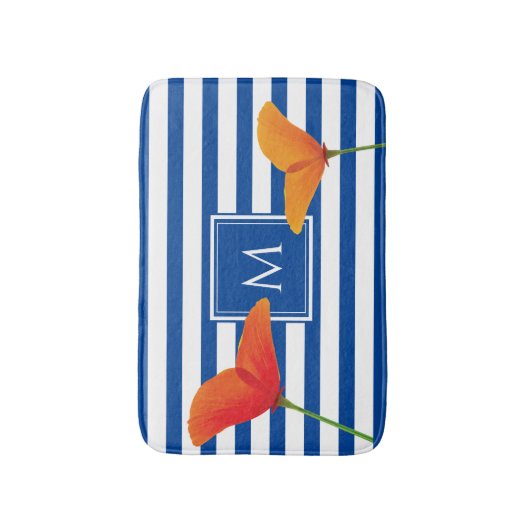 Monogramm Poppy Chic Blue Streifen Badematte (Vorderseite Vertikal)