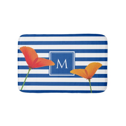 Monogramm Poppy Chic Blue Streifen Badematte (Vorderseite)