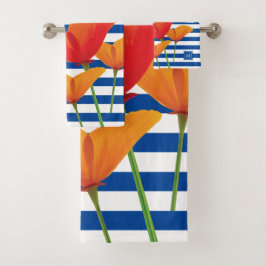 Monogramm Poppy Chic Blue Streifen Badhandtuch Set