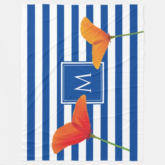 Monogramm Poppy Chic Blue Streifen Fleecedecke (Vorderseite)