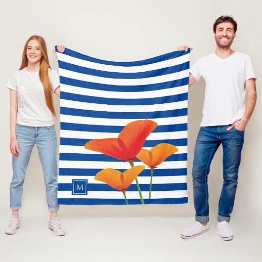 Monogramm Poppy Chic Blue Streifen Fleecedecke (Beispiel)