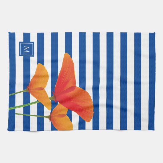 Monogramm Poppy Chic Blue Streifen Geschirrtuch (Horizontal)