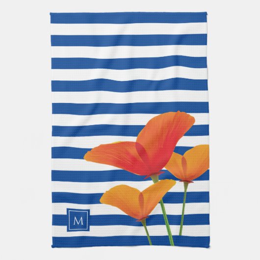 Monogramm Poppy Chic Blue Streifen Geschirrtuch (Vertikal)