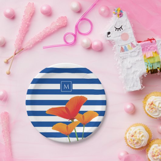 Monogramm Poppy Chic Blue Streifen Pappteller (Party)