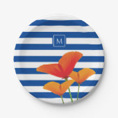 Monogramm Poppy Chic Blue Streifen Pappteller (Vorderseite)