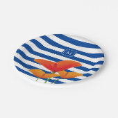 Monogramm Poppy Chic Blue Streifen Pappteller (Schrägansicht)