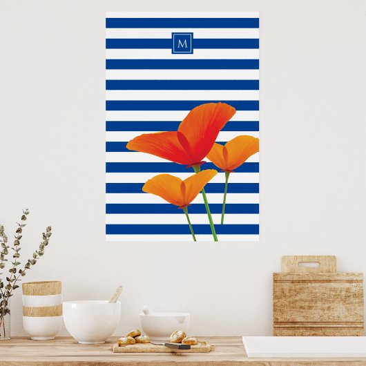 Monogramm Poppy Chic Blue Streifen Poster (Küche)