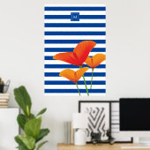 Monogramm Poppy Chic Blue Streifen Poster (Heimbüro)