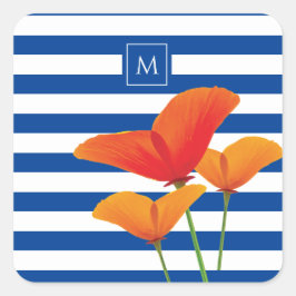 Monogramm Poppy Chic Blue Streifen Quadratischer Aufkleber