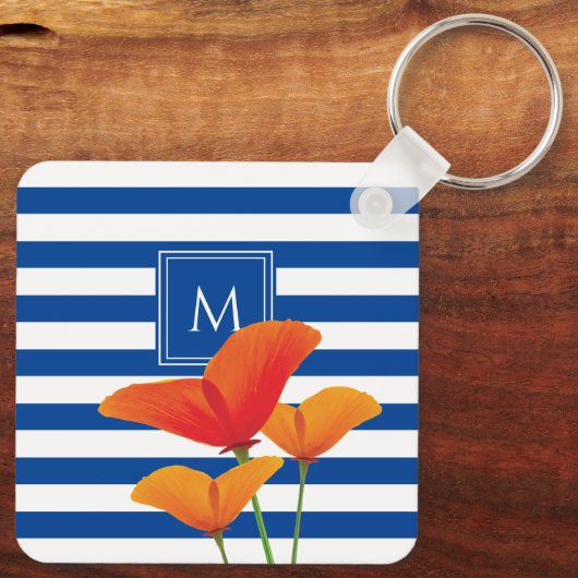 Monogramm Poppy Chic Blue Streifen Schlüsselanhänger