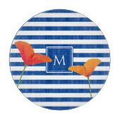 Monogramm Poppy Chic Blue Streifen Schneidebrett (Vorderseite)