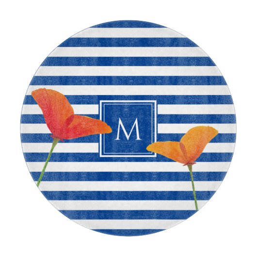 Monogramm Poppy Chic Blue Streifen Schneidebrett (Vorderseite)