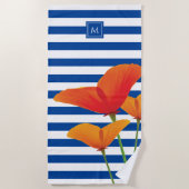 Monogramm Poppy Chic Blue Streifen Strandtuch (Vorderseite)
