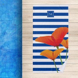 Monogramm Poppy Chic Blue Streifen Strandtuch