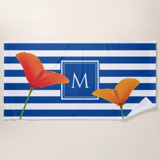 Monogramm Poppy Chic Blue Streifen Strandtuch (Vorderseite)