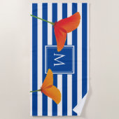 Monogramm Poppy Chic Blue Streifen Strandtuch (Vorderseite)
