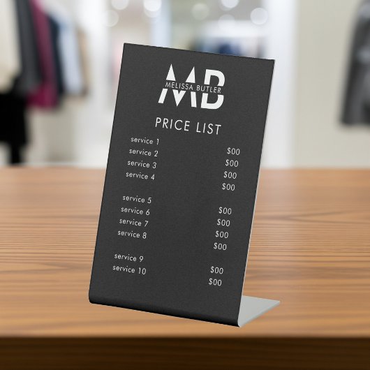 Monogramm-Preisliste Service Minimalist Schwarz Sockelschild