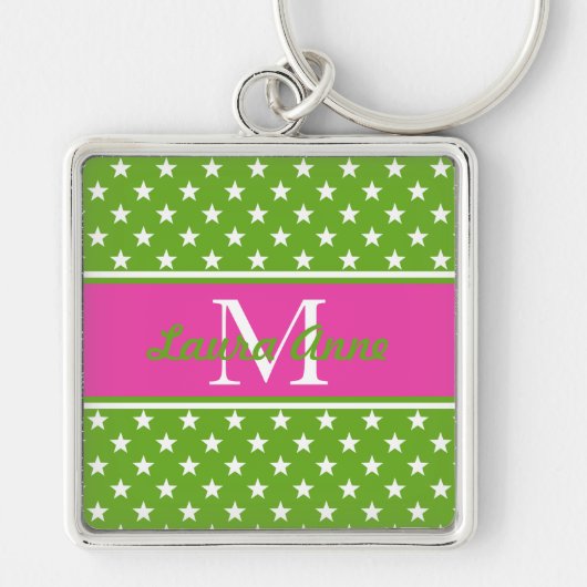 Monogramm Preppy Pink und Green Stars Schlüsselanhänger (Vorne)