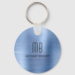 Monogramm Pulverblau Faux gebürstetes Metall Schlüsselanhänger