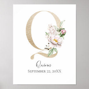 Monogramm Q Rosa Weiß Blumen Gold Buchstabe Kinder Poster