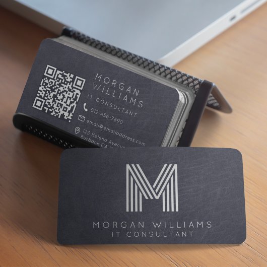 Monogramm QR-Code Blaue Leder Visitenkarte