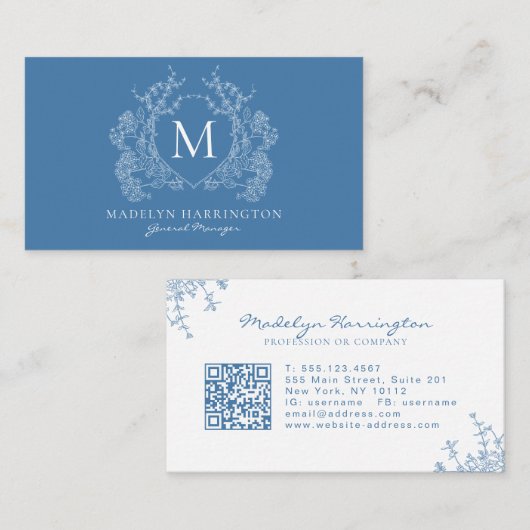 Monogramm QR-Code des französischen Blauen Wappen Visitenkarte (Vorne/Hinten)