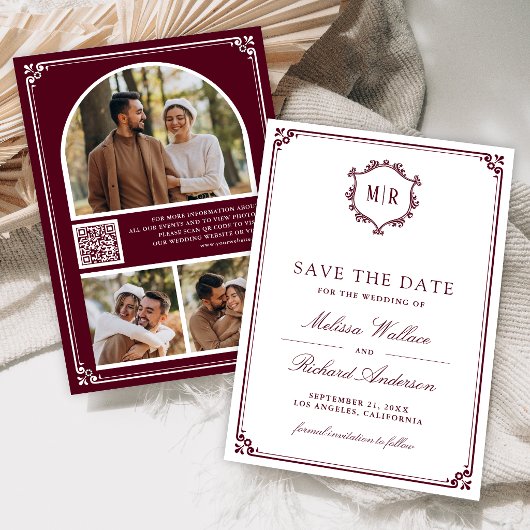 Monogramm QR-Code Foto-Collage Burgunder Hochzeit Save The Date
