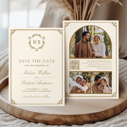 Monogramm QR-Code Foto-Collage Creme Gold Hochzeit Save The Date