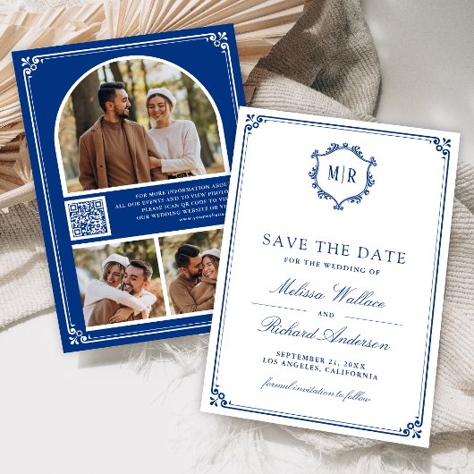 Monogramm QR-Code Foto Collage Königlich Blau Hoch Save The Date