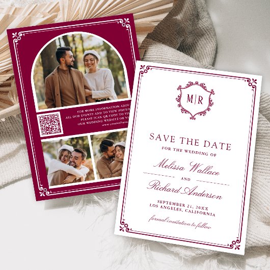 Monogramm QR-Code Foto-Collage Magenta Hochzeit Save The Date