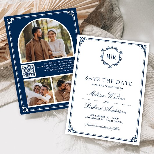 Monogramm QR-Code Foto-Collage Navy Blau Hochzeit Save The Date