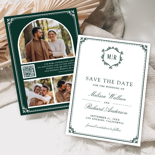 Monogramm QR-Code Foto Collage Smaragdgrüne Hochze Save The Date