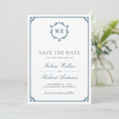 Monogramm QR-Code Foto Collage Staubblau Hochzeit Save The Date (Stehend Vorderseite)