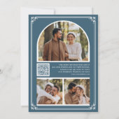 Monogramm QR-Code Foto Collage Staubblau Hochzeit Save The Date (Rückseite)