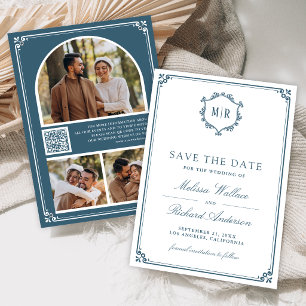 Monogramm QR-Code Foto Collage Staubblau Hochzeit Save The Date
